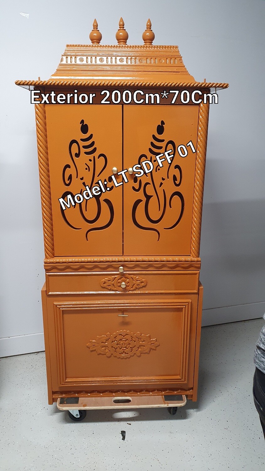 Teak-wood Coloured Pooja Mandir with Vinayagar Doors and Cupboard/Almirah