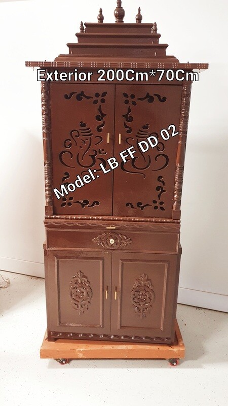 Walnut coloured Pooja Mandir with Floral Vinayagar Doors and Cupboard/ Almirah