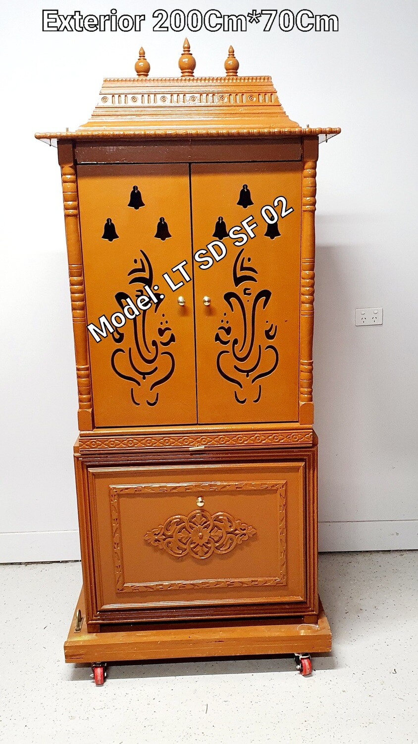 Teak-wood Coloured Pooja Mandir with Vinayagar and Bell Doors/Almirah