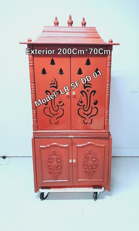 Rosewood Coloured Pooja Mandir with Vinayagar and Bell Doors with Cupboard/Almirah