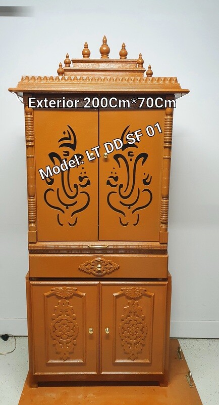 Teak-wood Colored Pooja Mandir with Vinayagar Doors and Cupboard /Almirah