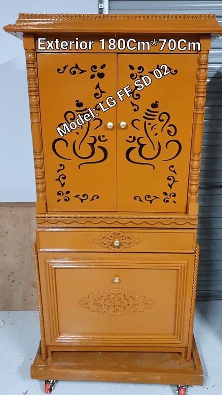 Teak-wood Coloured Pooja Mandir with Floral Vinayagar and CupboardDoors/Almirah