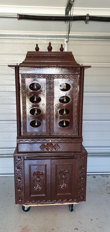 Walnut Coloured Pooja Mandir with Oval Holes for Bells and Cupboard /Almirah