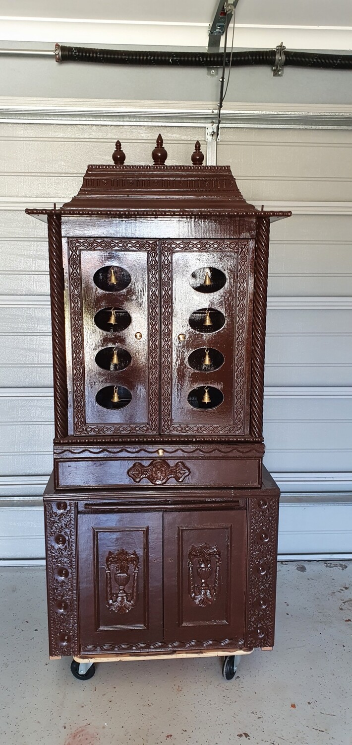 Walnut Coloured Pooja Mandir with Oval Holes for Bells and Cupboard /Almirah