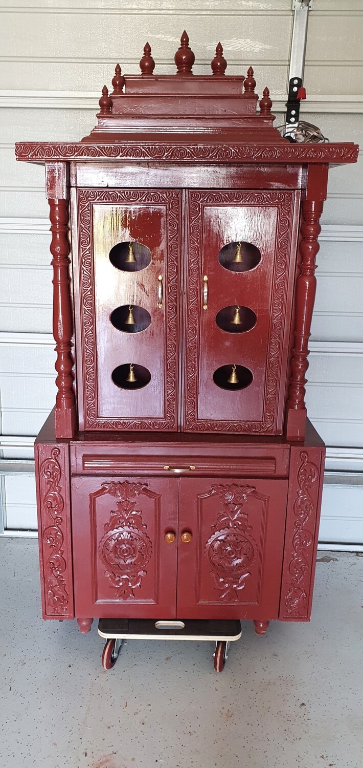 Rosewood Coloured Pooja Mandir with Oval Shaped Holes for Bells and Cupboard/Almirah