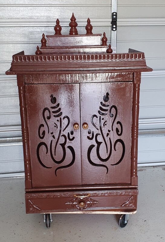 Walnut Coloured Pooja Mandir with Oval Holes for Bells &amp; Almirah
