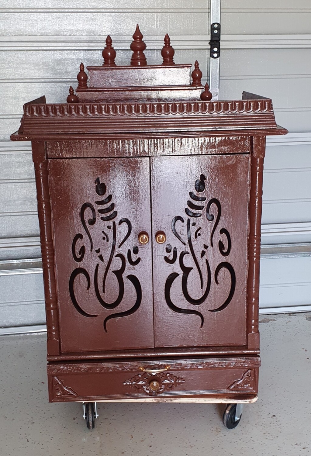 Walnut Coloured Pooja Mandir with Oval Holes for Bells &amp; Almirah