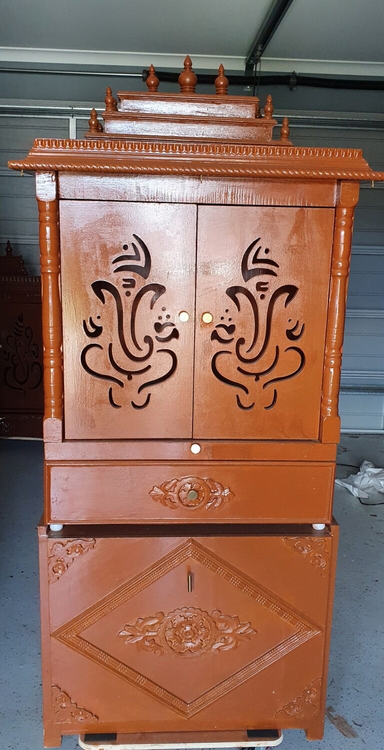 Teak-wood Coloured Pooja Mandir with Vinayagar Doors and Cupboard/ Almirah