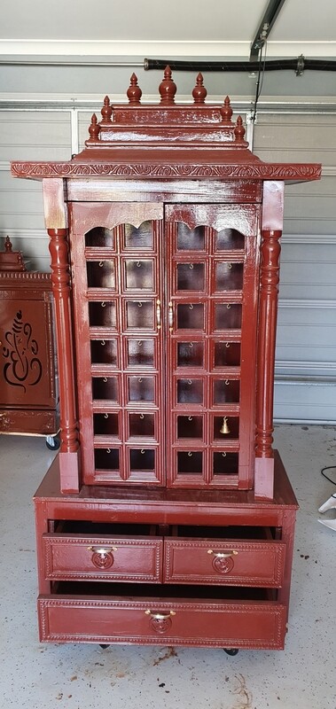 Rosewood Pooja Coloured Mandir with Oval Shaped Holes for Bells and Cupboard/Almirah 