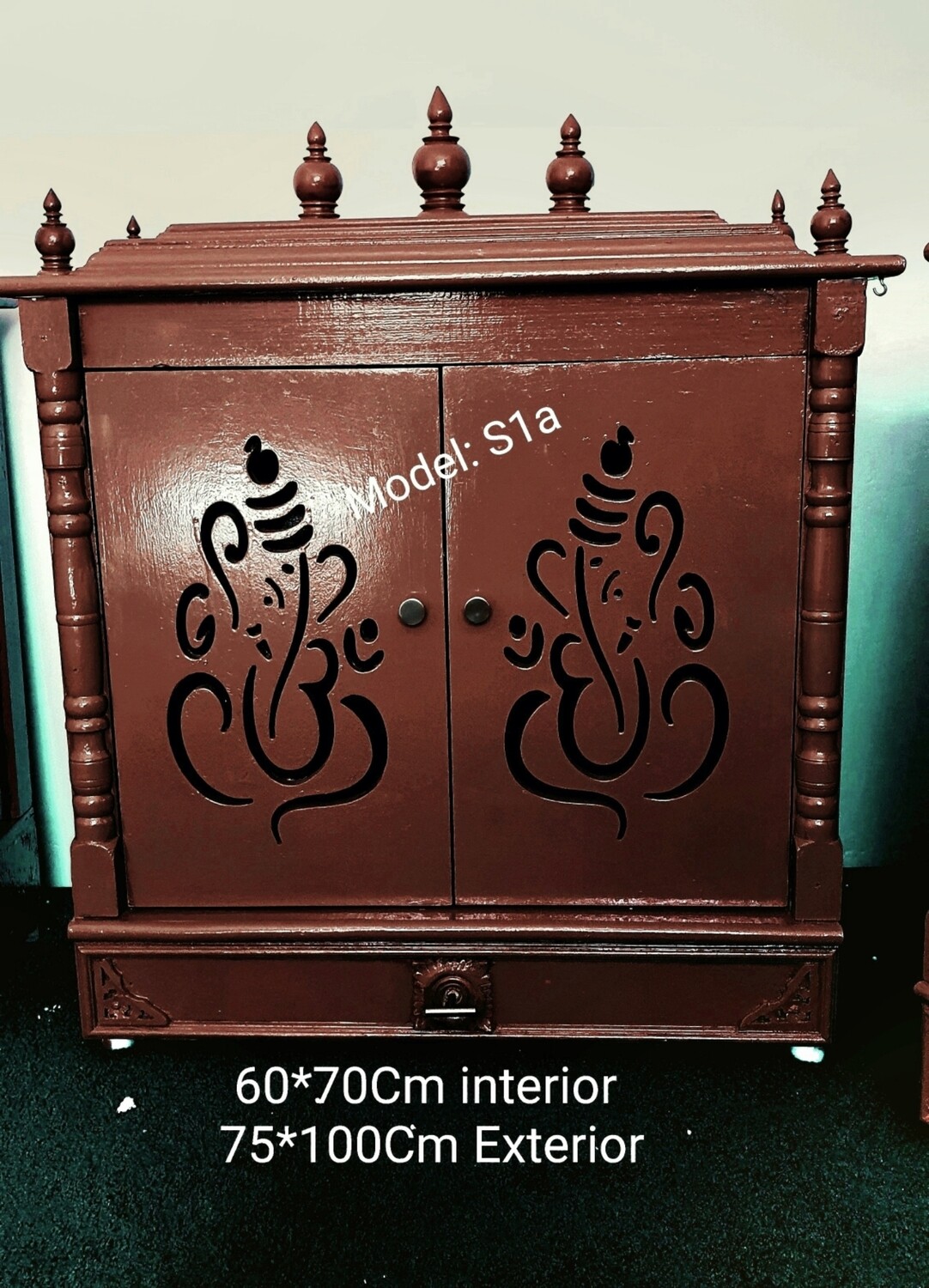 Wallnut Coloured Pooja Mandir with Vinayagar Doors and Cupboard/Almirah