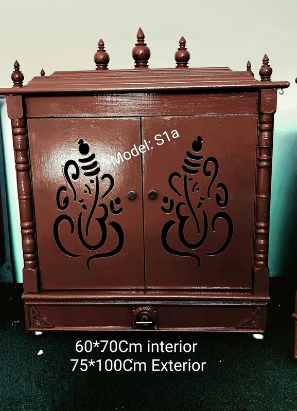 Wallnut Coloured Pooja Mandir with Vinayagar Doors and Cupboard/Almirah