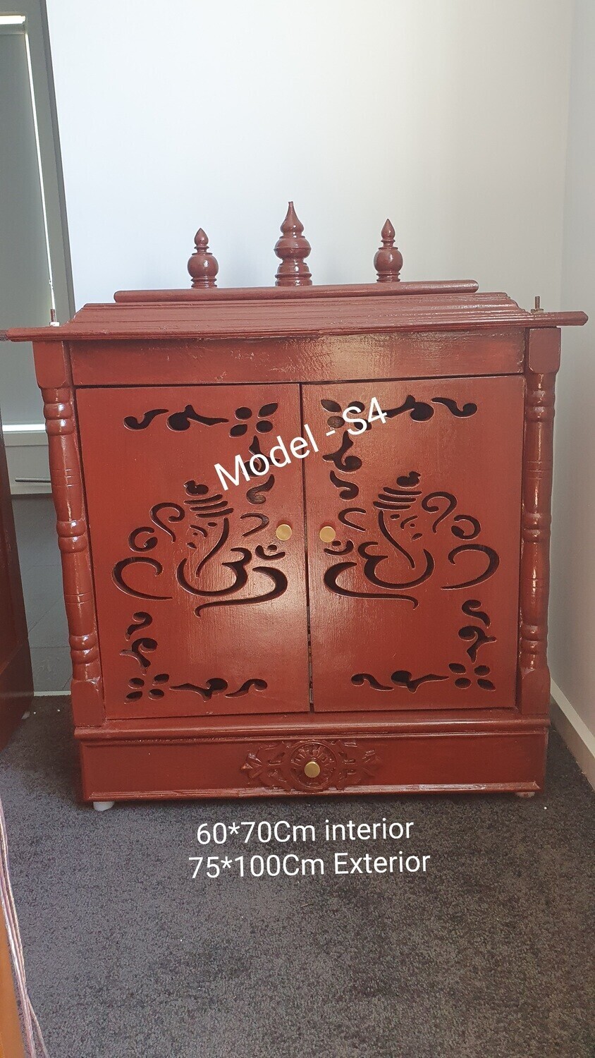 Rosewood Coloured Pooja Mandir with Floral Vinayagar Doors and Cupboard/Almirah