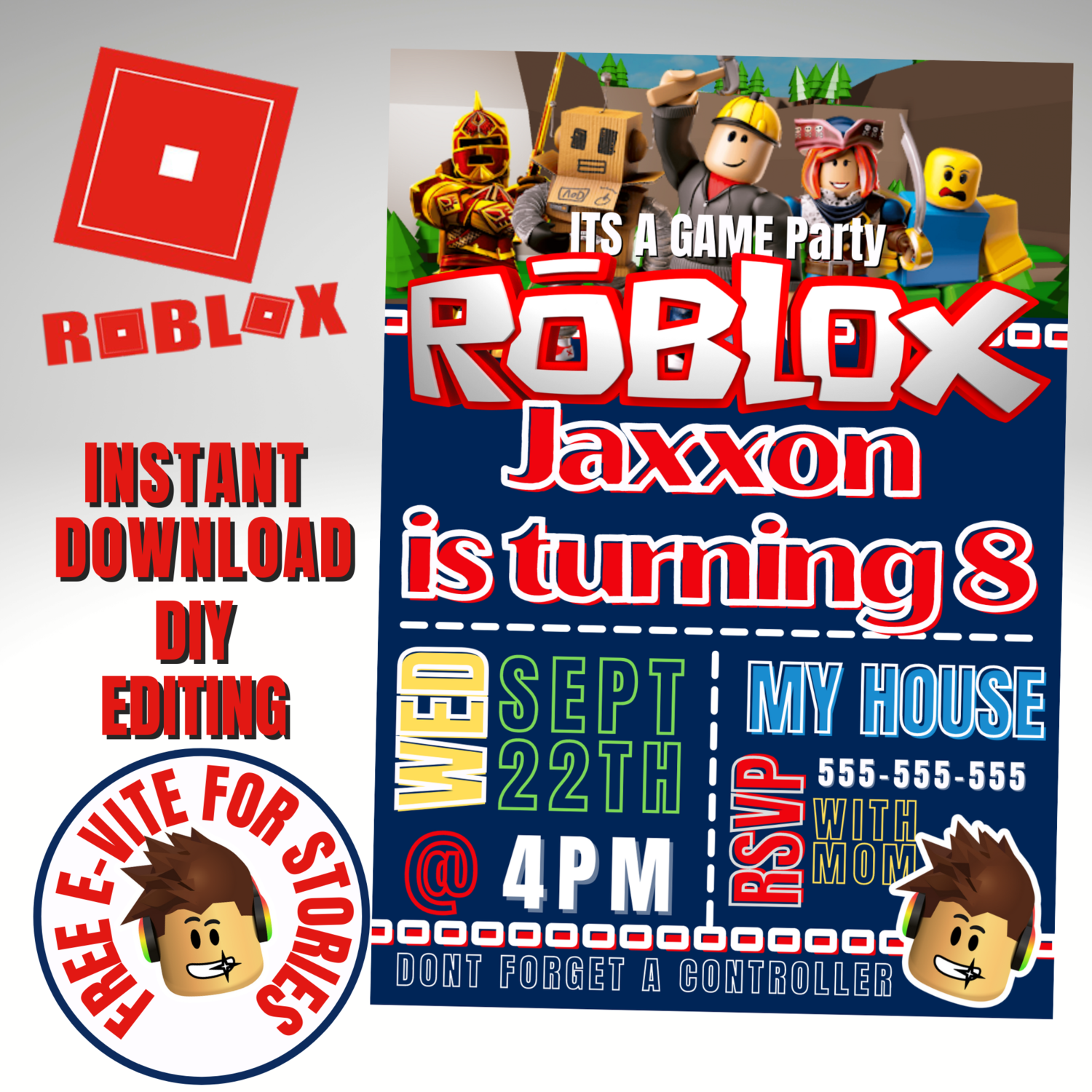 Roblox Game Party Birthday Invitations