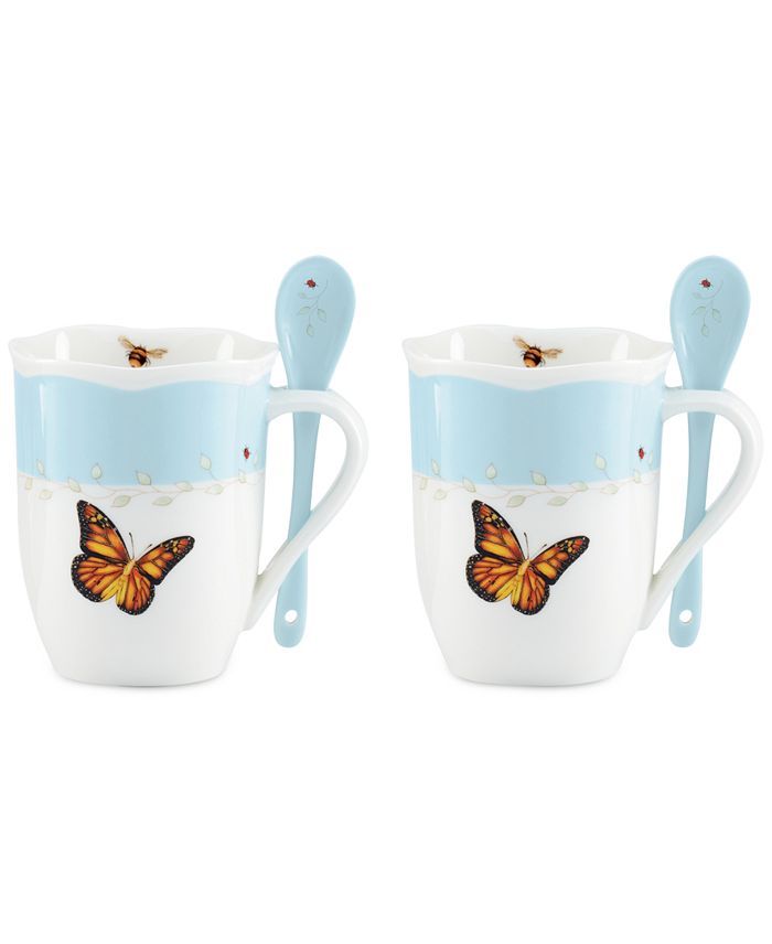 LENOX Butterfly Meadow Color Mugs with Spoons, Set of 2 (Blue)