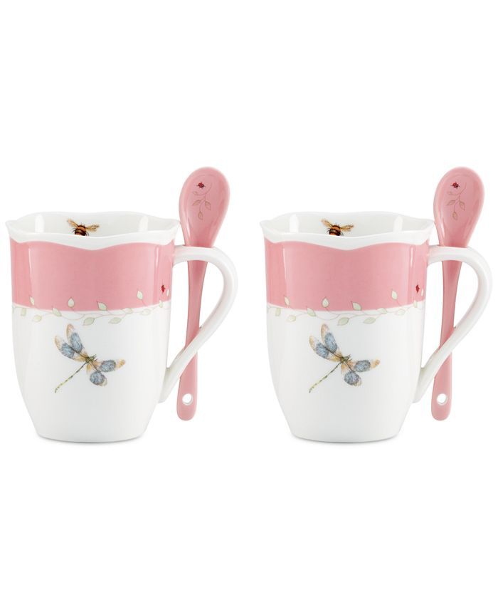 LENOX Butterfly Meadow Color Mugs with Spoons, Set of 2 (Pink)
