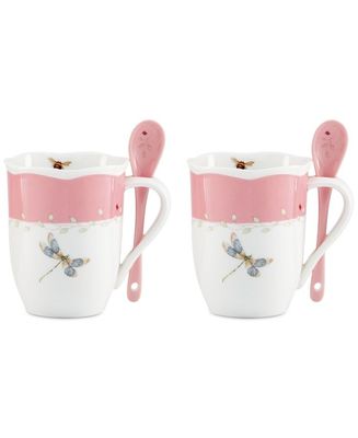 LENOX Butterfly Meadow Color Mugs with Spoons, Set of 2 (Pink)