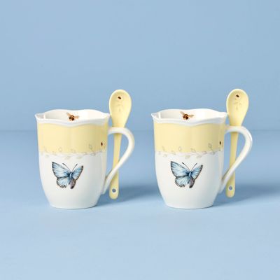 LENOX Butterfly Meadow Color Mugs with Spoons, Set of 2 (Yellow)