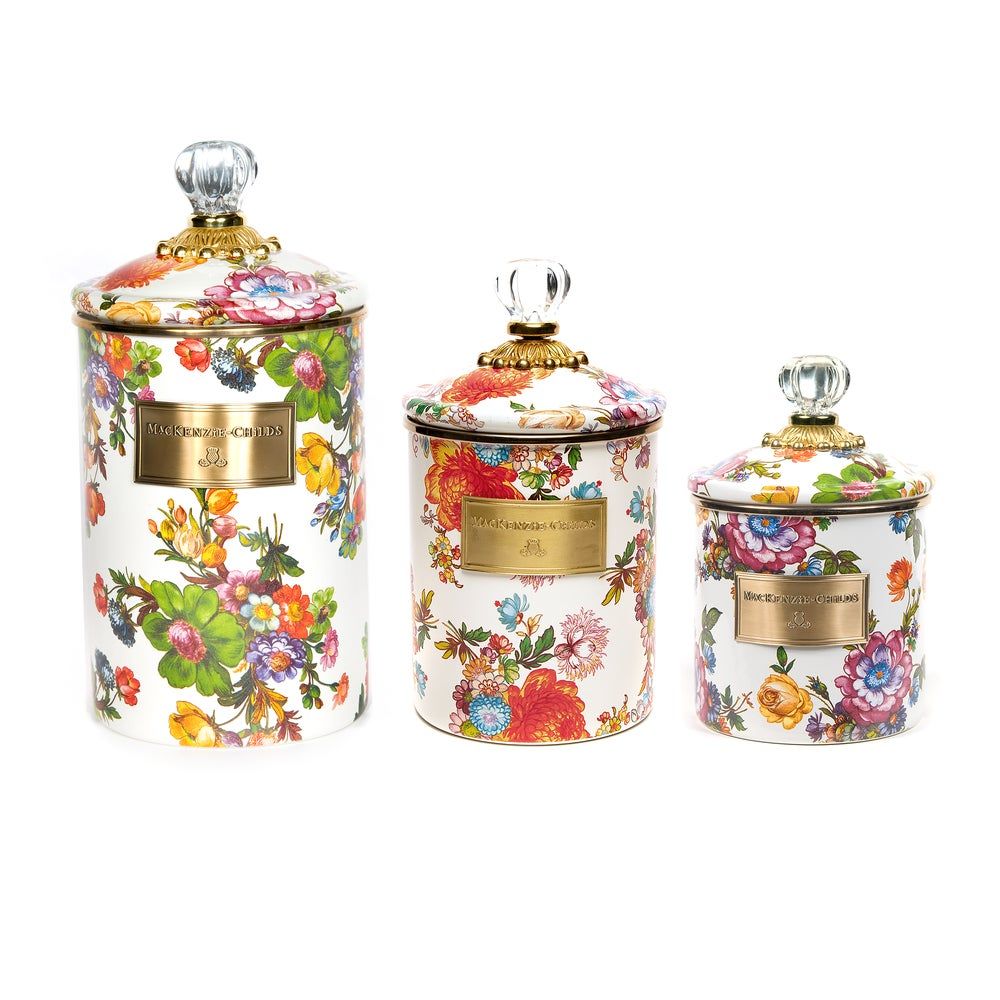 MACKENZIE-CHILDS White Flower Market Enamel Canisters (Set of 3)