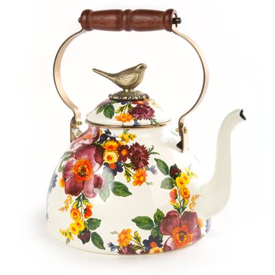 MACKENZIE-CHILDS Tea Kettle with Bird Knob (White Flower Market, 3 Quart)