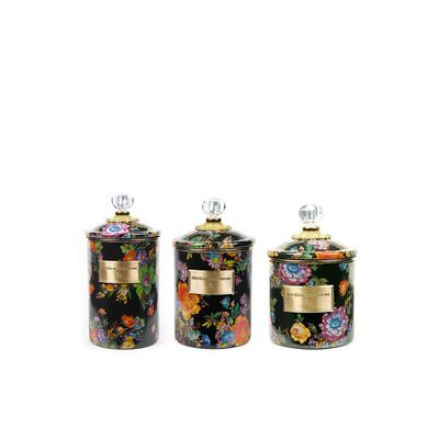 MACKENZIE-CHILDS Black Flower Market Enamel Canisters (Set of 3)