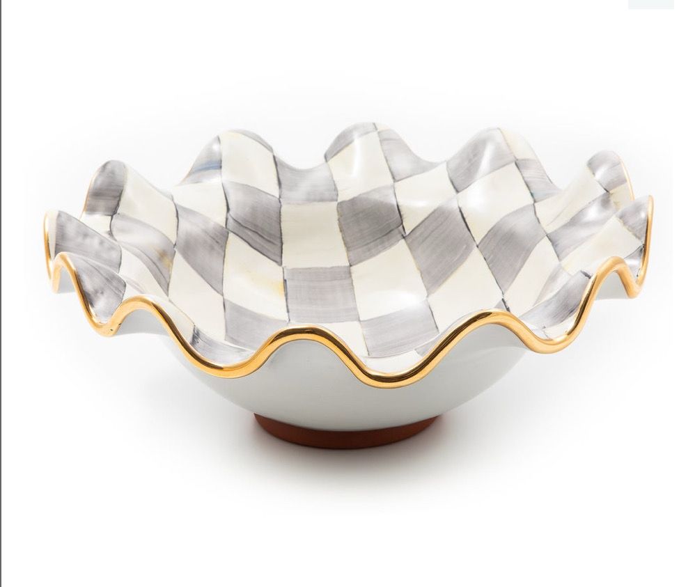 MACKENZIE-CHILDS Check Medium Ceramic Fluted Serving Bowl (Sterling Check)