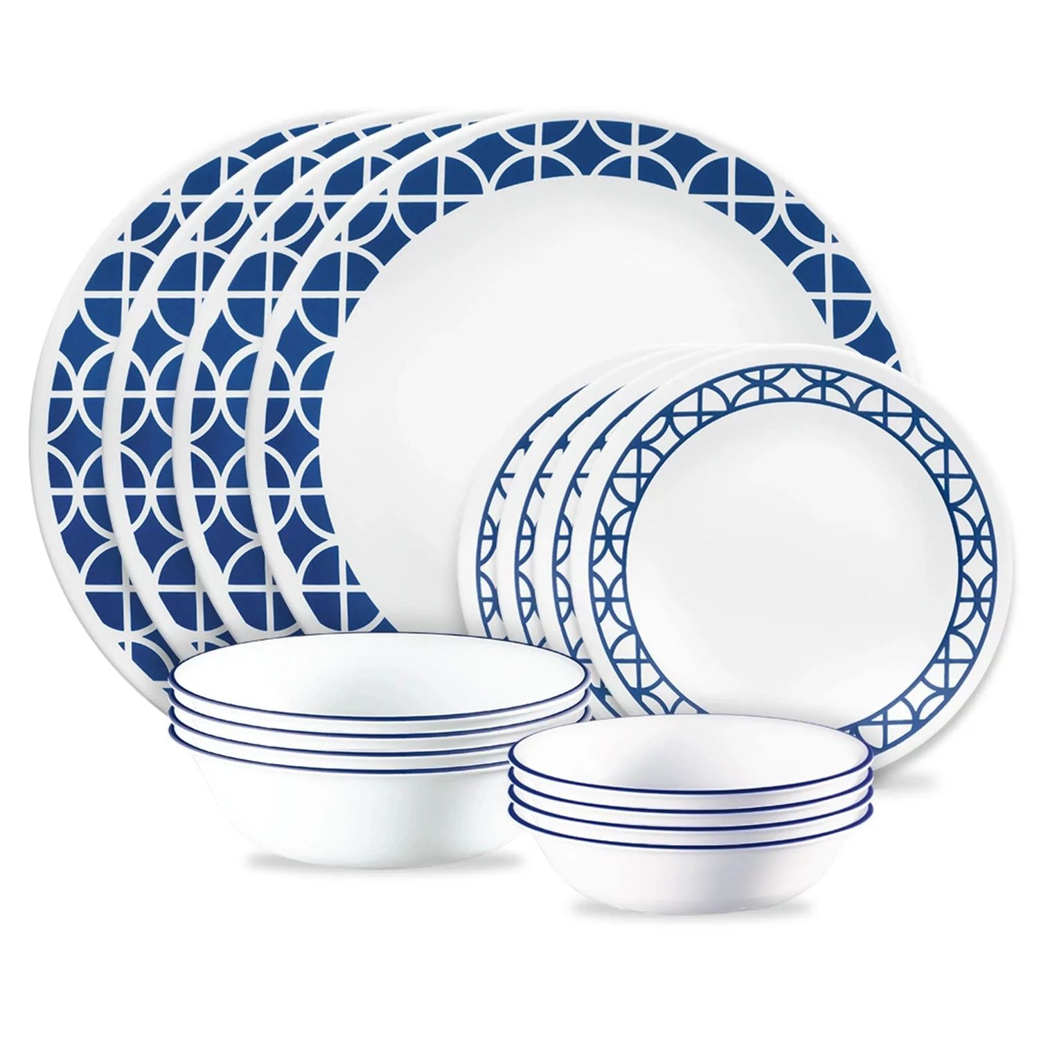 CORELLE Cobalt Circles 16-piece Mugless Dinnerware Set, Service of 4