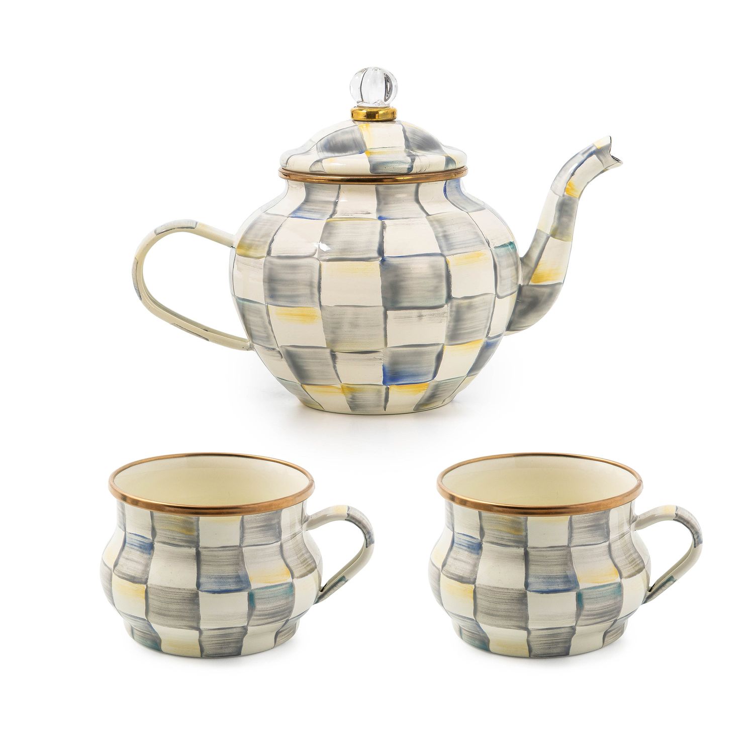 MACKENZIE-CHILDS Sterling Check Cup Enamel Teapot &amp; Teacup Set