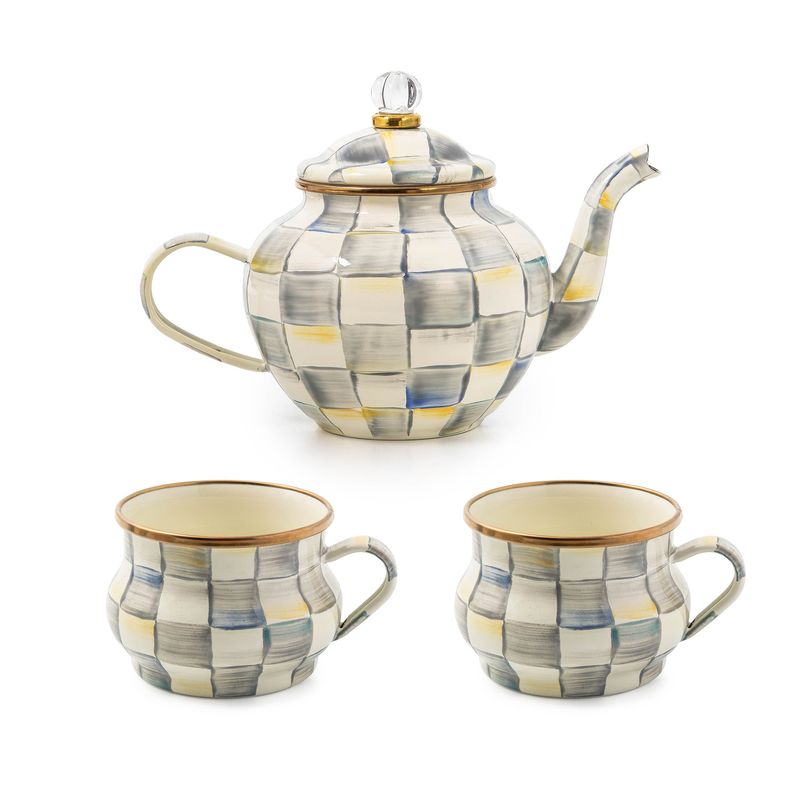 MACKENZIE-CHILDS Sterling Check Cup Enamel Teapot &amp; Teacup Set