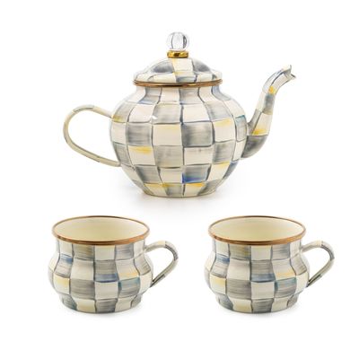 MACKENZIE-CHILDS Sterling Check Cup Enamel Teapot &amp; Teacup Set