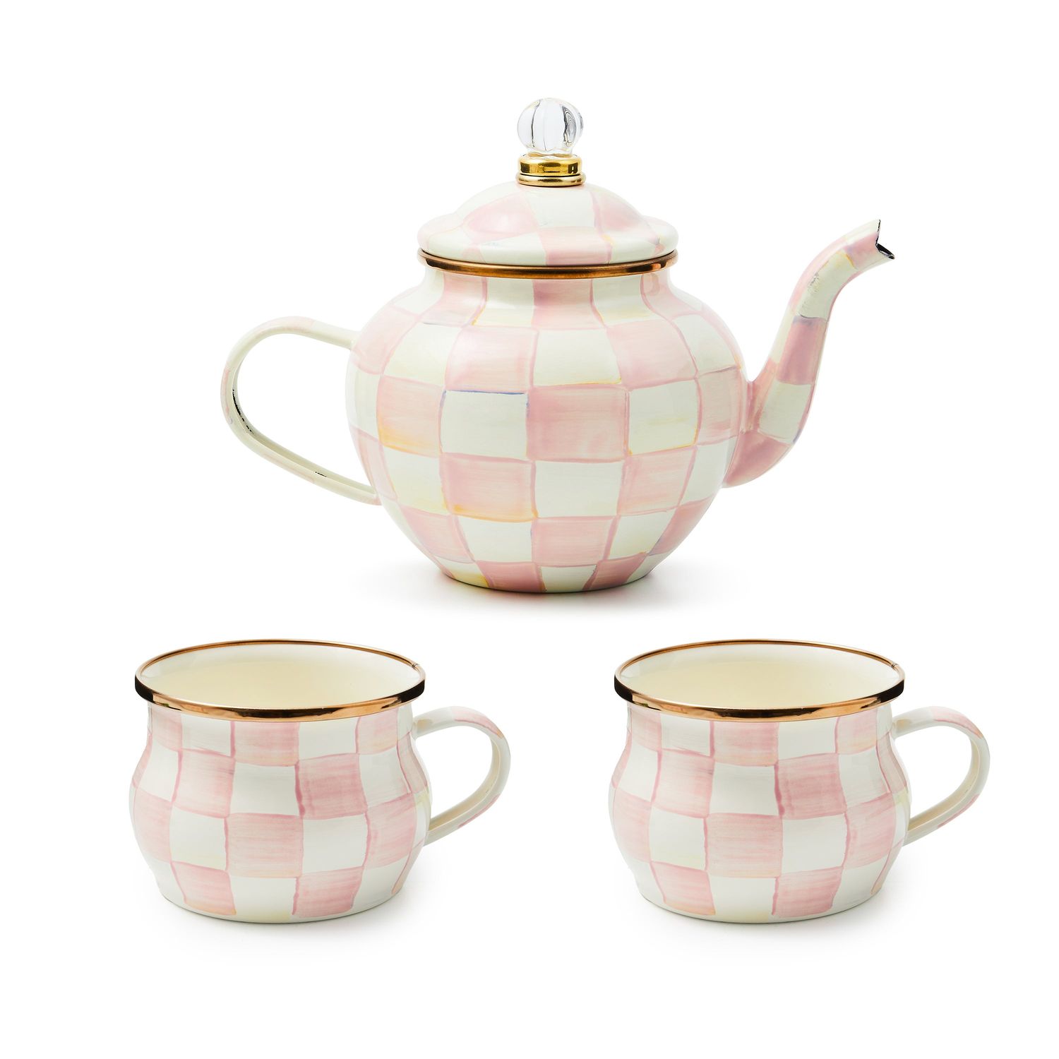 MACKENZIE-CHILDS Rosy Check Cup Enamel Teapot &amp; Teacup Set