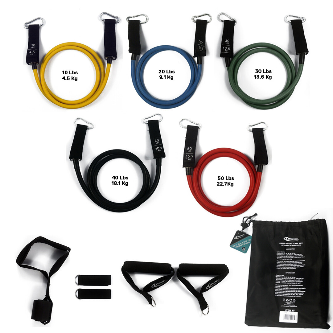 CABLE DE RESISTENCIA ELÁSTICA SET DE 4 DE 10 A 50 LBS 2 HANDLES Y BOLSO