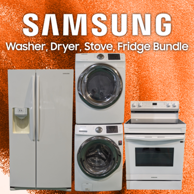 [BUNDLE] Samsung Washer (WF42H5100AW), Dryer (DV42H5200EW), Stove (NE63A6511SW/AC), and Refrigerator (RS263TDWP) Set
