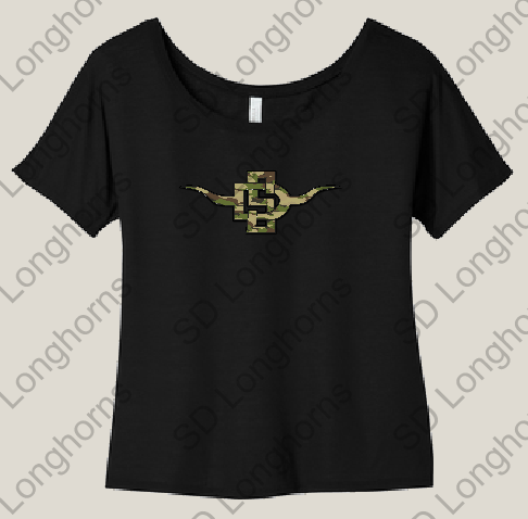 Women&#39;s Slouchy Tee Black with Camo SD Horns Logo