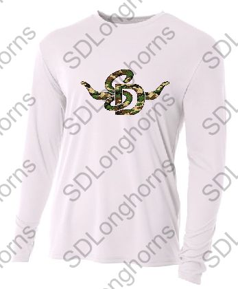 Shirt - Drifit - White Drifit Long Sleeve with Camo SD Horns Logo
