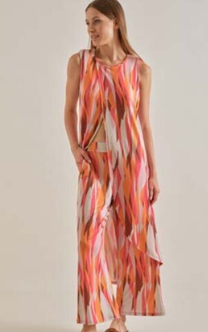 WNT Tunic Top Long ASymetric Print Abstract Viscosemix / 124661 Coral