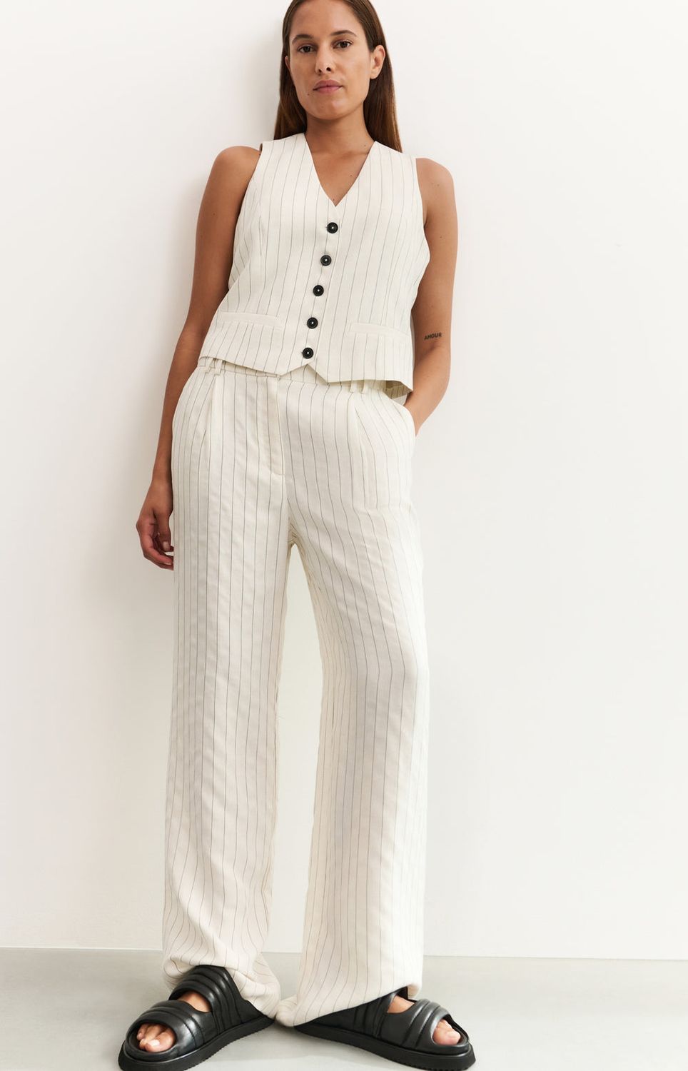 YAYA Pants Wide Leg Pinstripe Linen mix /  01-301202-505 SAND LINEN BEIGE DESSIN