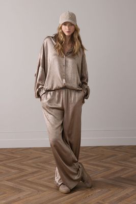 Summum Woman Pants Wide Leg Crinkle Satin/ 4s2550-12294 Funghi