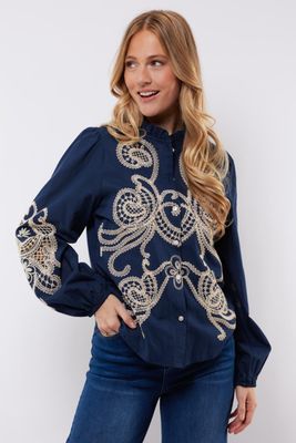 C&amp;S Blouse Lisanne Cotton / 25NXC01 Midnight Blue/Sand