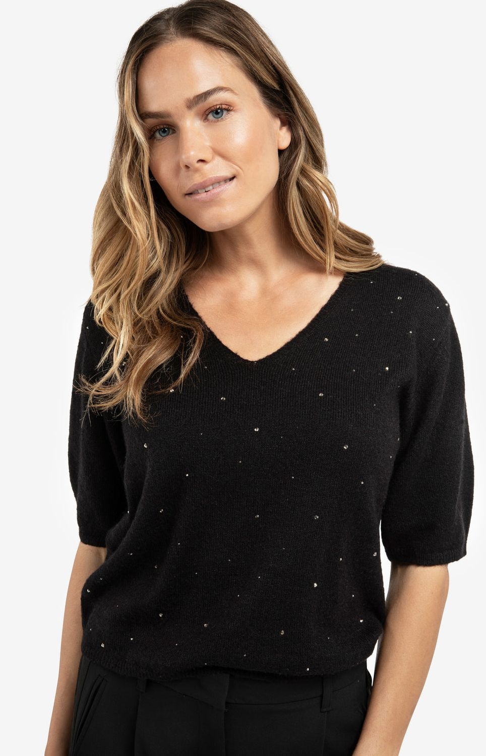 YAYA Sweater Short Sleeve Rhinestone/ 01-000531-511 BLACK