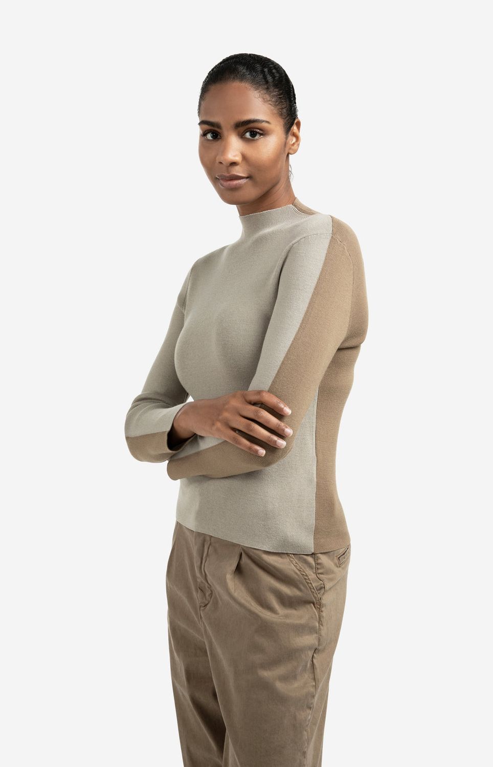 YAYA Top Viscose knitt 2 coloured block/ 01-000499-509 BROWNISH GREY DESSIN