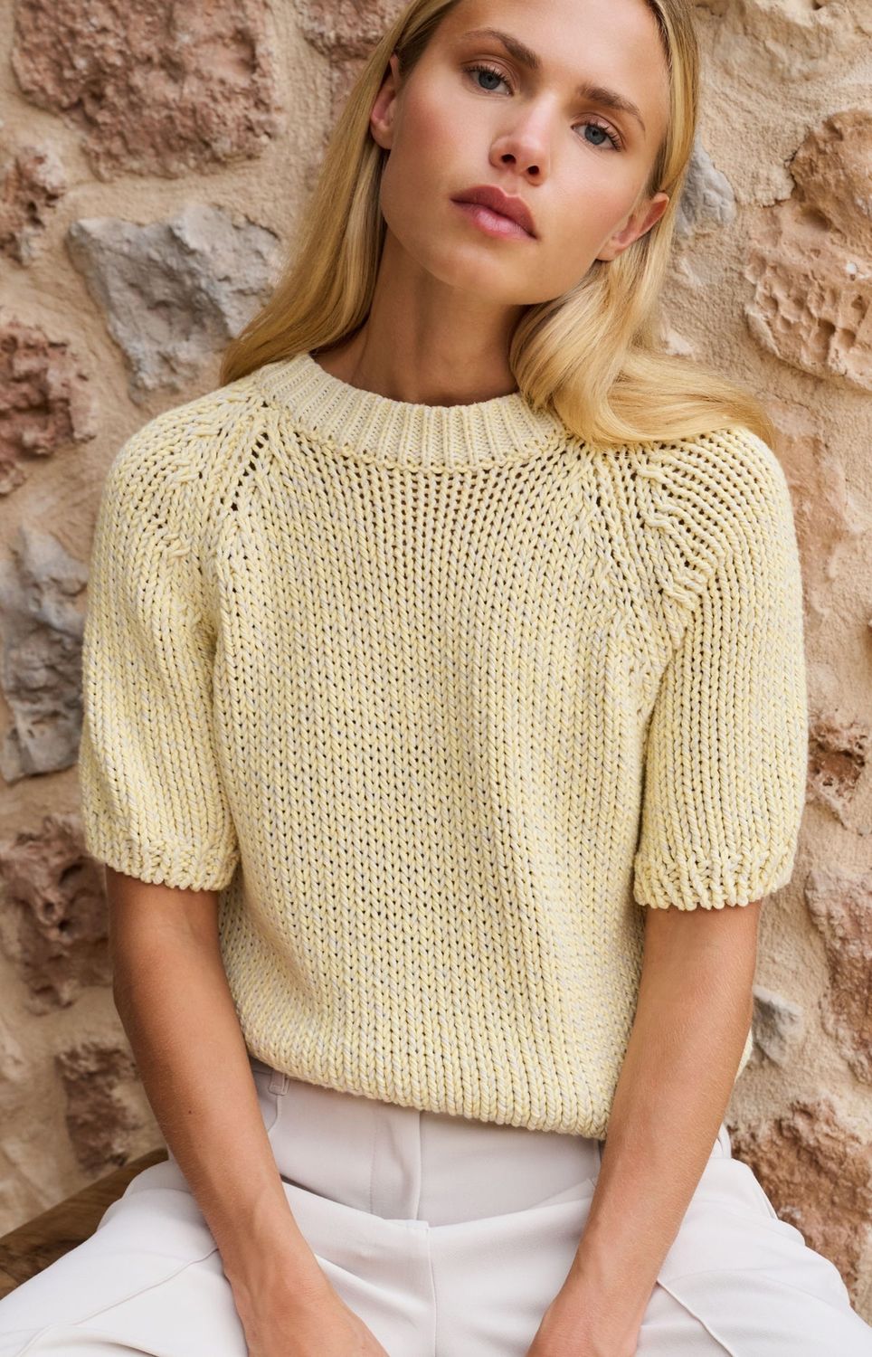 YAYA Sweater Cottonknit Short Sleeve/ 01-000551-602 REED YELLOW DESSIn