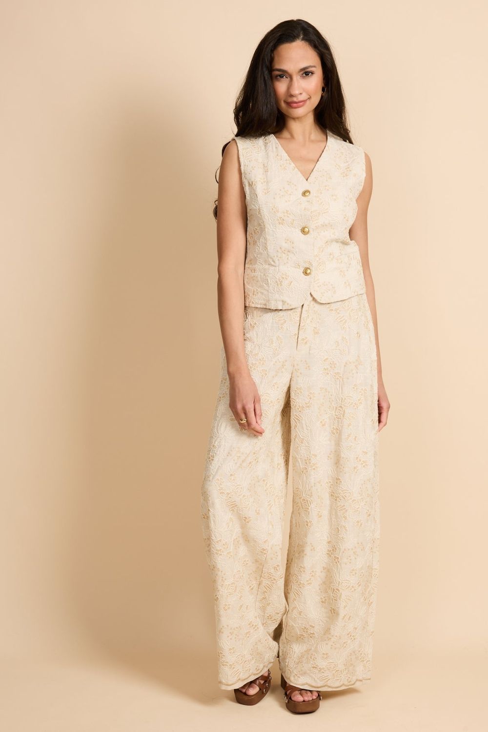 G-Maxx Pants Junia Wide Leg Embroidered / 26ZTG08 Sand