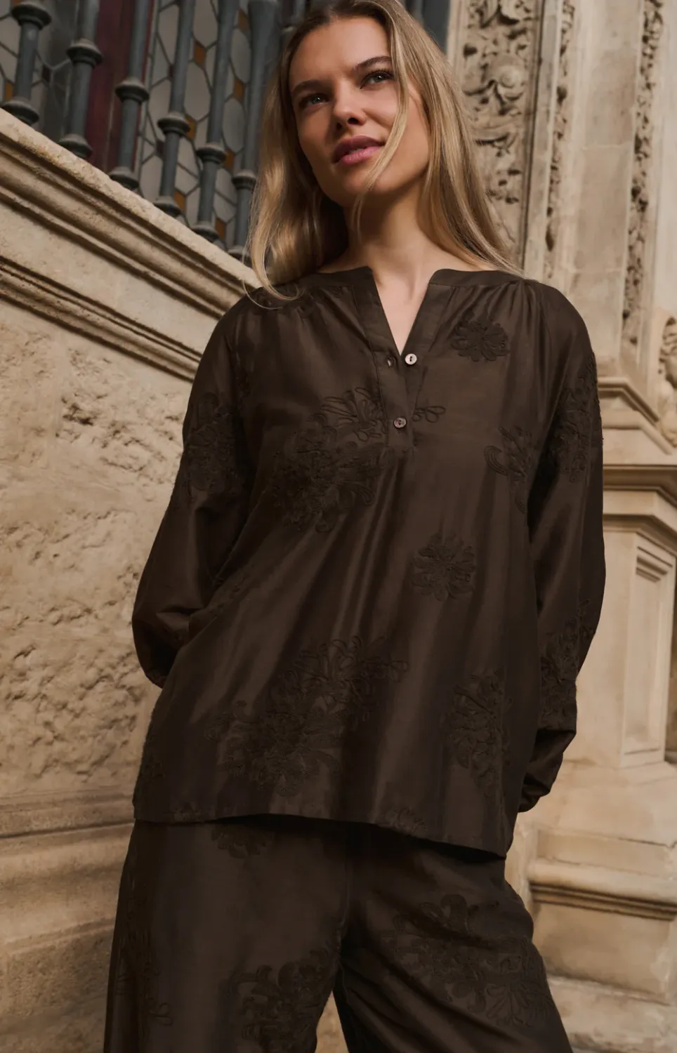 YAYA Blouse Embroided /01-201229-607 SLATE BLACK BROWN