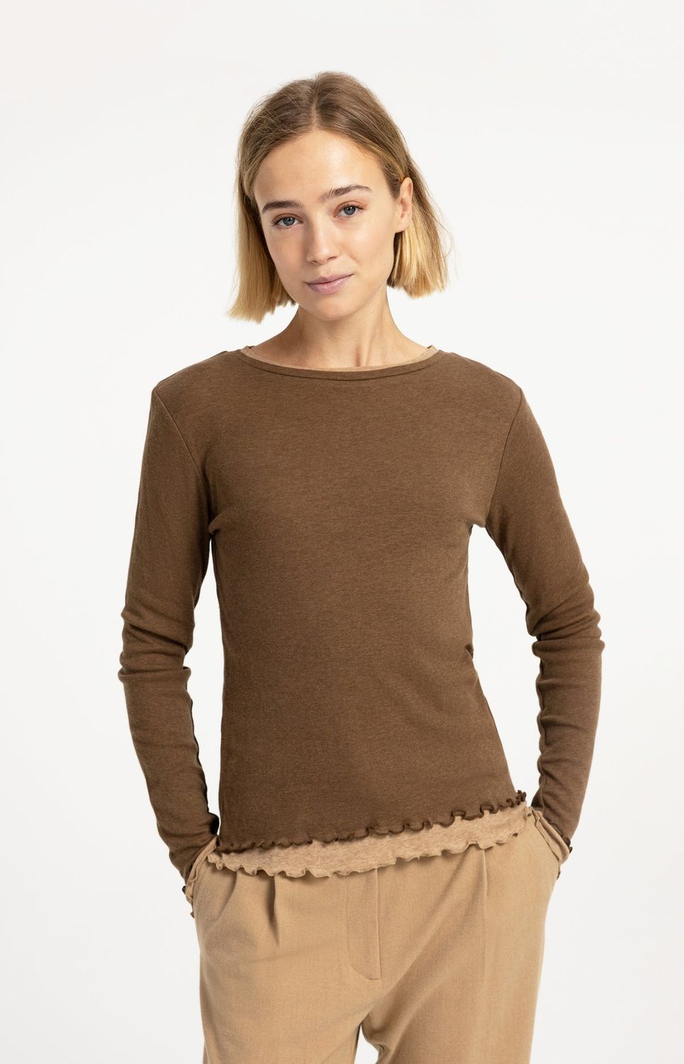 YAYA Top Longsleeve Ruffle / 01-709416-609 OTTER BROWN MELANGE