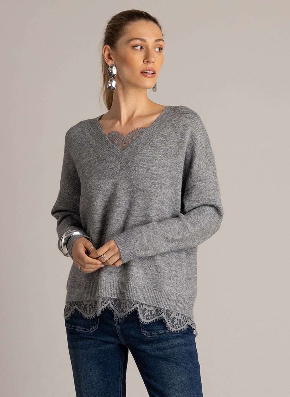 Yest Pullover Lace detail/ 0006596 Mid Grey Melange