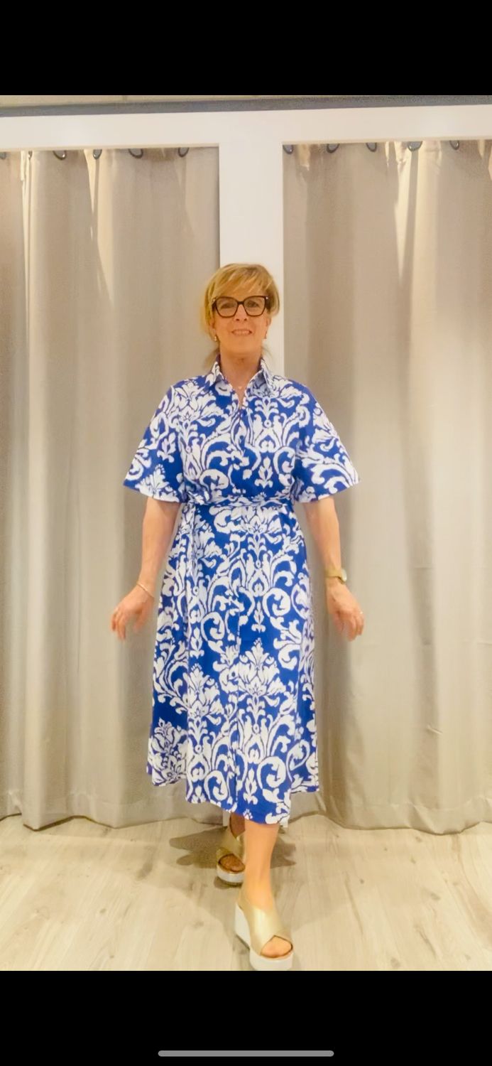 Mi Piace Dress Wide Sleeve Ornament Print Kobalt | Off White MP202614OTPT