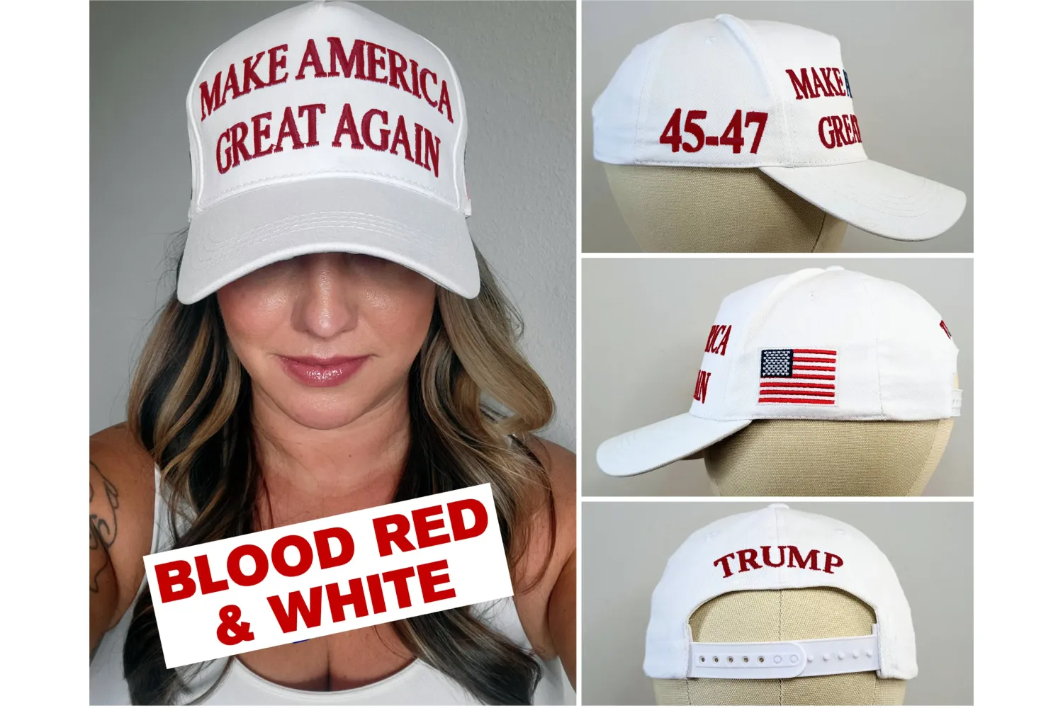 Official Trump 45-47 MAGA Hat White Blood Red