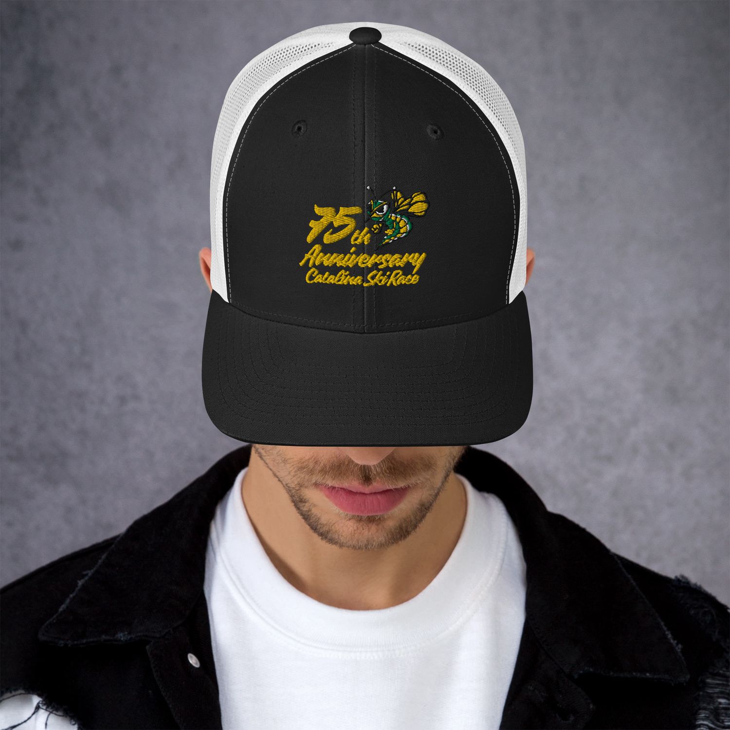 75th Catalina Ski Race - 711 Hornet Team Embroidered Trucker Hat (Black &amp; White)