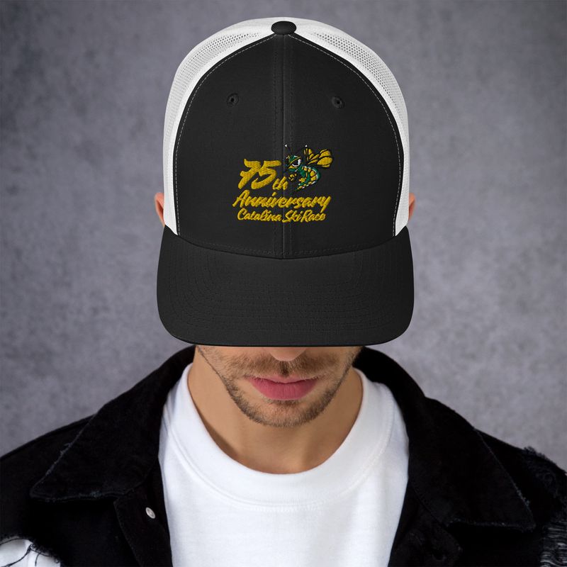 75th Catalina Ski Race - 711 Hornet Team Embroidered Trucker Hat (Black &amp; White)