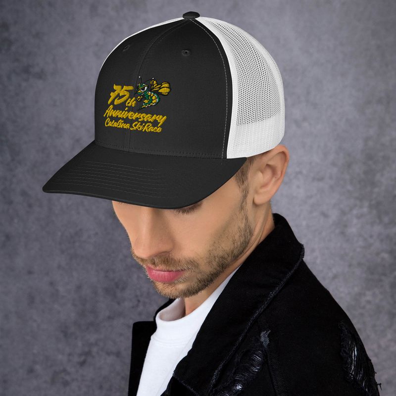 75th Catalina Ski Race - 711 Hornet Team Embroidered Trucker Hat (Black &amp; White)